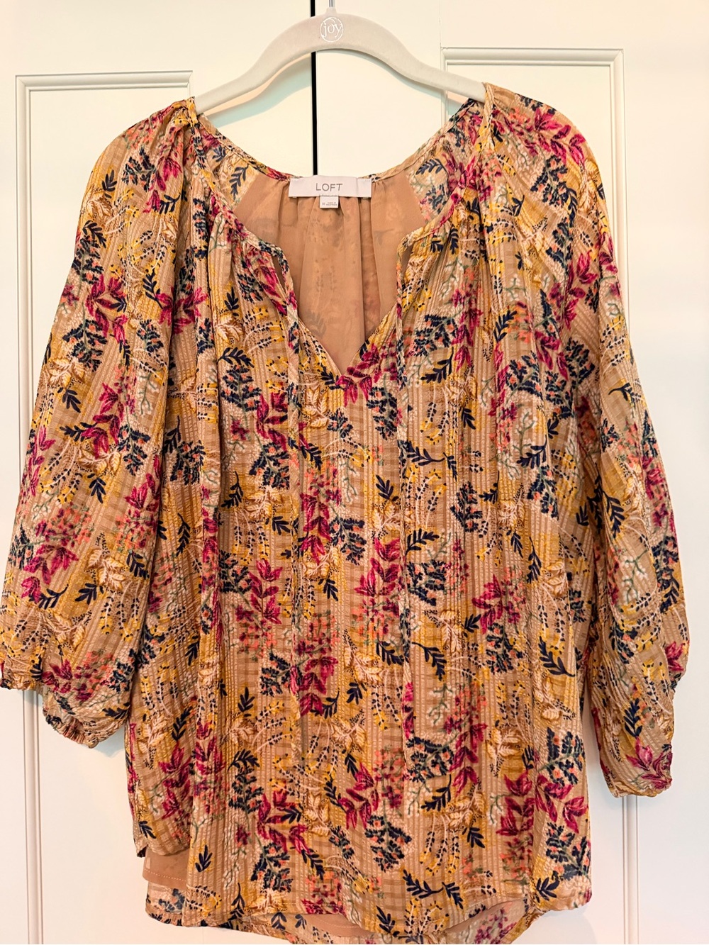 LOFT Mustard Floral V-Neck Peasant Blouse with Pink & Navy Accents